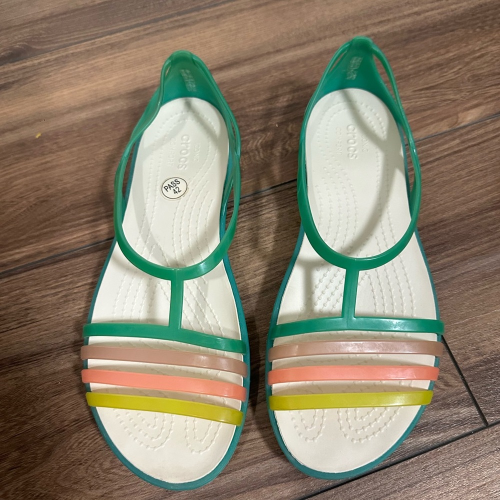 CROCS Green Jelly T-Strap Sandals with Pink Peach and Yellow Stripes